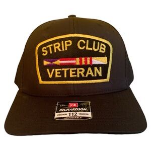 Richardson 112 black trucker hat, adjustable, embroidered design. OS